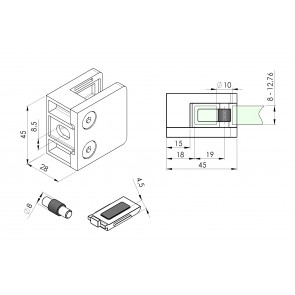 INOX Nosilec stekla 00 satiniran 45x45mm + varovalo AISI304 K12.5SV