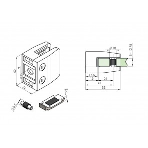 INOX Nosilec stekla 00 oglat 52x52 + varovalo / satiniran AISI304 13S