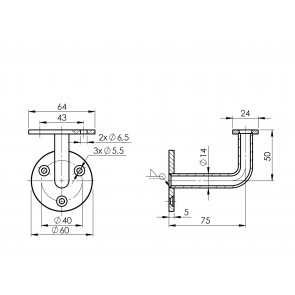INOX Stenski nosilec 00 fiksen, D14, Φ60, 75x50 prirobnica na 3 vijake, SATINIRAN AISI316 za LED
