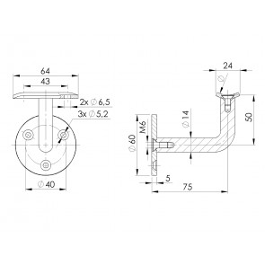 INOX Stenski nosilec 42.4 fiksen, D14, Φ60, 75x50 prirobnica na 3 vijake, SATINIRAN AISI304 
