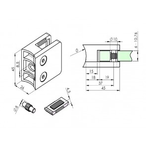 INOX Nosilec stekla 42.4 satiniran 45x45mm + varovalo AISI304 12.5SV