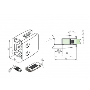 INOX Nosilec stekla 42.4 oglat 52x52 + varovalo / satiniran AISI304 13S