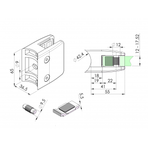 INOX Nosilec stekla 42,4 oglat / satiniran 55x65 + varovalo AISI304 24SV (12-16,76)