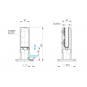 Inox talni nosilec stekla 50X182mm za steklo 12-17,52mm Nastavljiv AISI316 ČRN 6200S