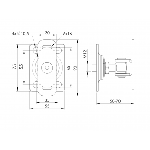 Inox tečaj M12F montažni s dvojno prirobnico 75X55 / 90X30  AISI304 Goptimal 40kg