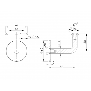INOX Stenski nosilec 42.4 fiksen, D14, Φ60, M8, 75x50, POLIRAN AISI304 (Hanger vijak)